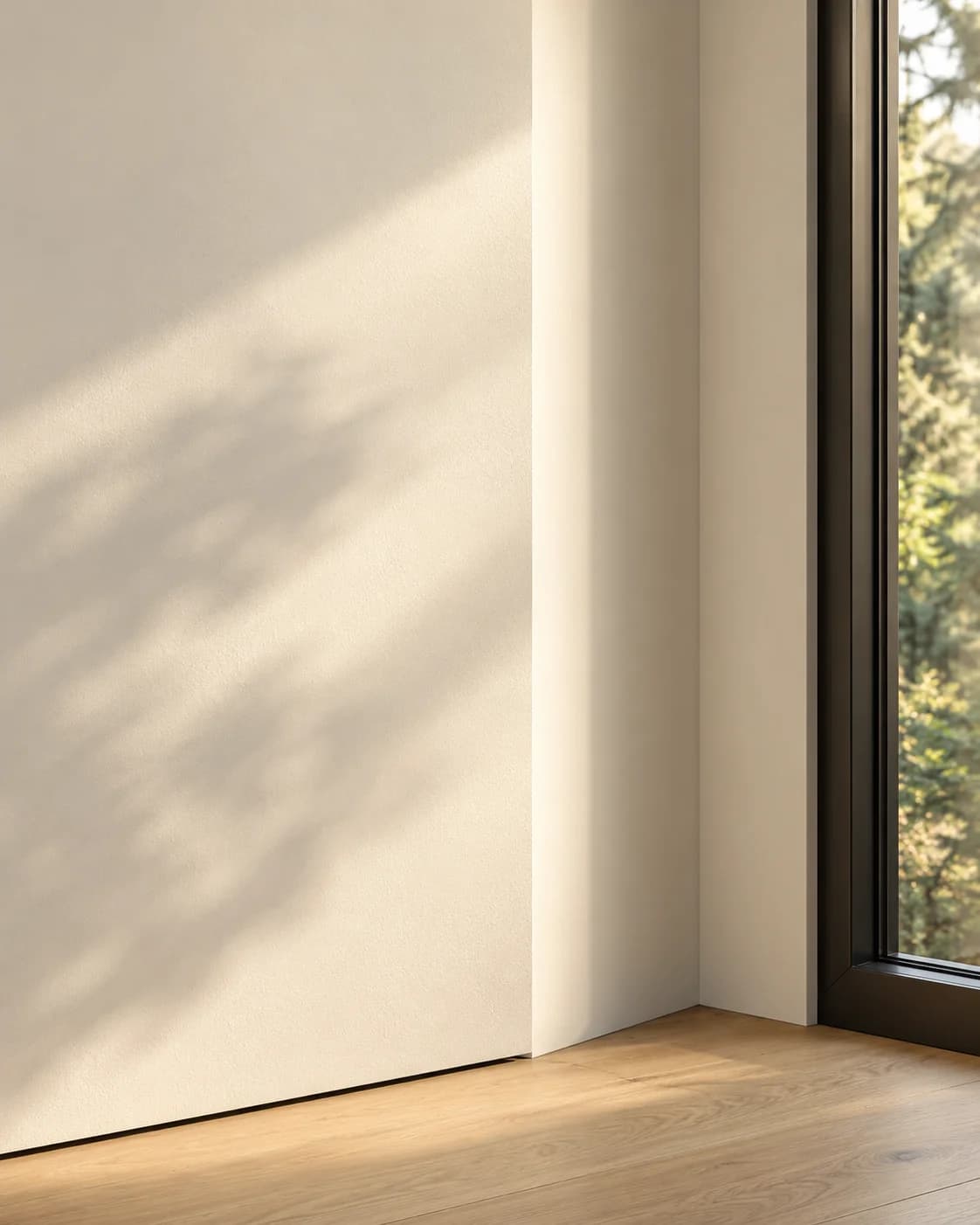 Architectural illustration of light crossing a warm ivory wall beside an oak window reveal